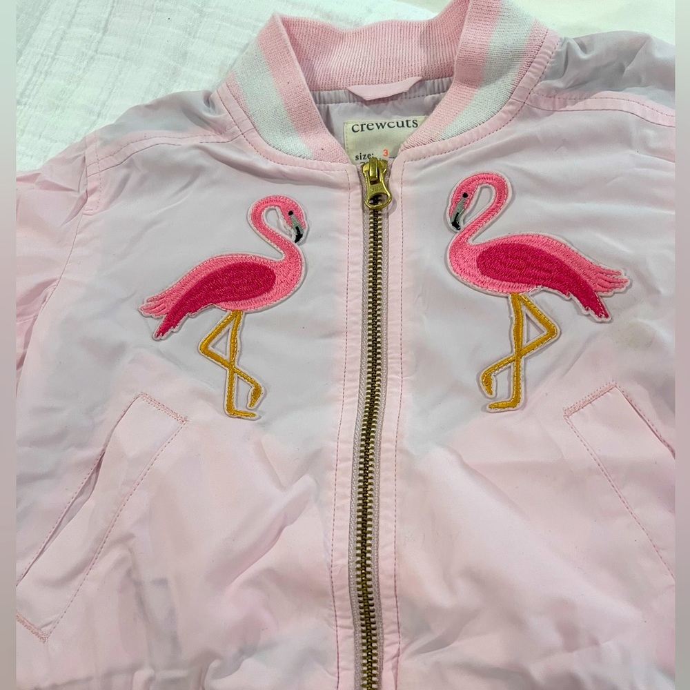J. Crew CrewCuts pink flamingo varsity bomber jacket in girls size 3